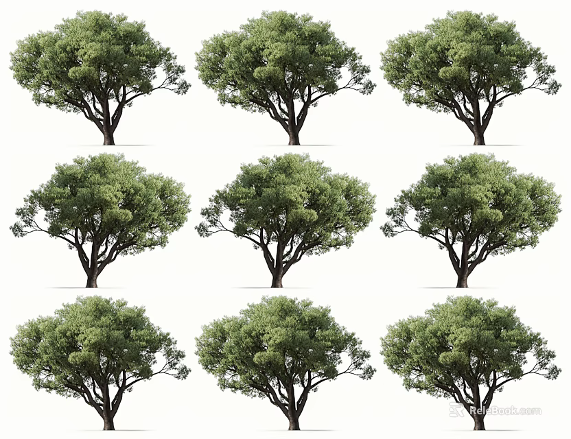 Multiple Green Arbor Trees With Lush Foliage Arranged In Three Rows 3d model 
