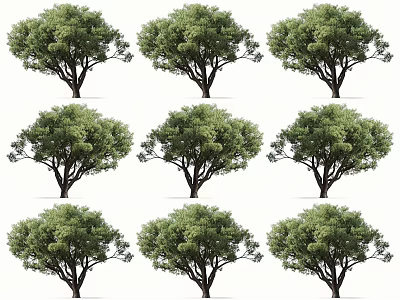 Multiple Green Arbor Trees With Lush Foliage Arranged In Three Rows 3d model