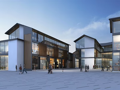 Modern Commercial Street With Multi Story Buildings Glass Facades And Pedestrian Plaza 3d model