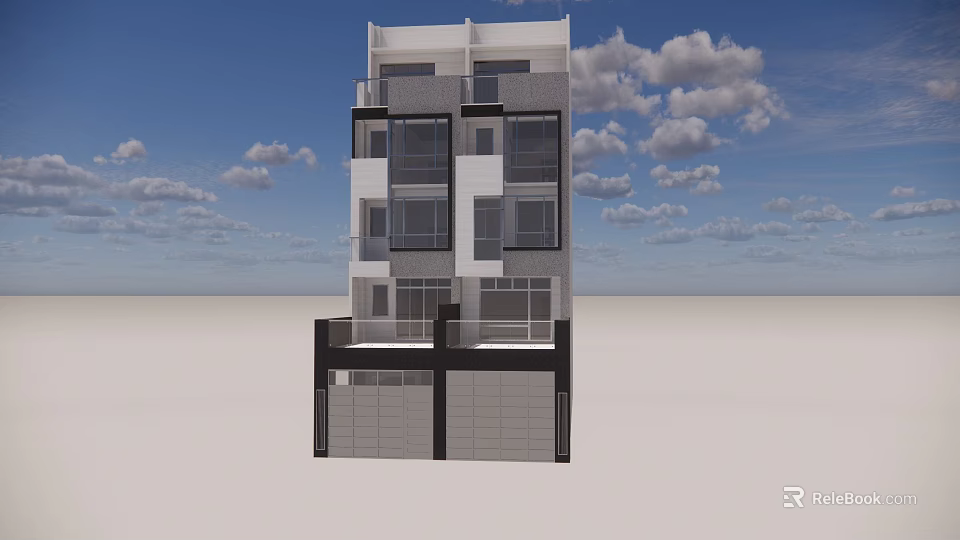 Modern Multi Story Detached Villa Exterior With Large Windows And Garage 3d model 
