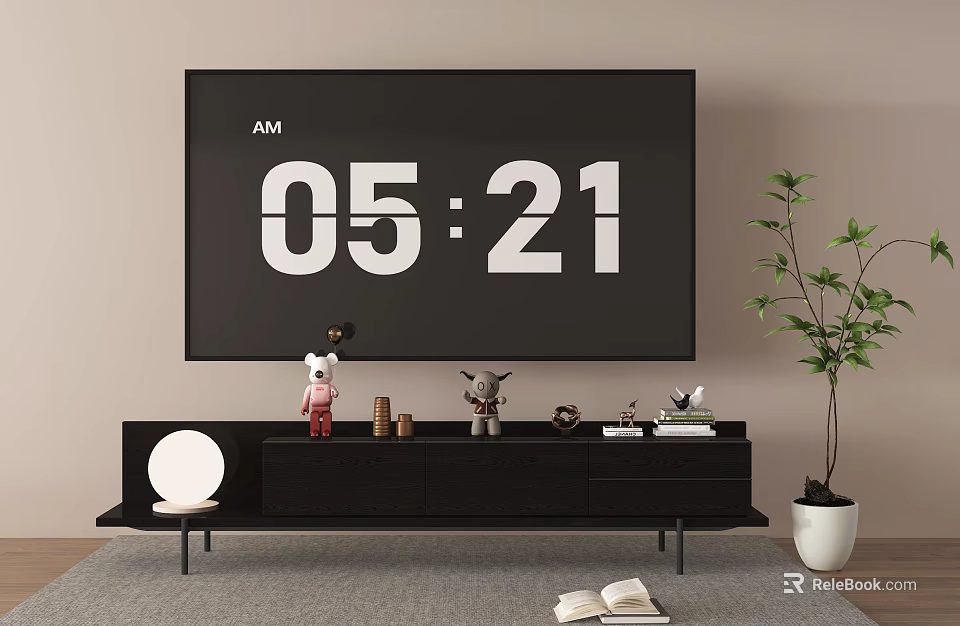 Modern TV Stand With TV Showing Time Decorative Items Potted Plant And Open Book 3d model 