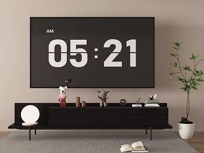 Modern TV Stand With TV Showing Time Decorative Items Potted Plant And Open Book 3d model