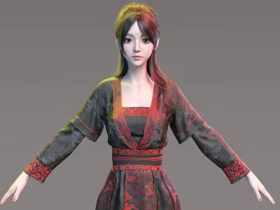 Elegant Woman in Traditional Red and Black Embroidered Costume with Long Hair 3d model