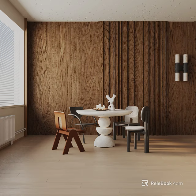 Modern Interior Space With Round White Dining Table And Various Designed Chairs Wooden Wall 3d model 