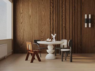 Modern Interior Space With Round White Dining Table And Various Designed Chairs Wooden Wall 3d model