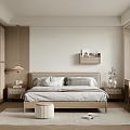 Modern Minimalist Bedroom Interior with Light Wood Furniture Louvered Wardrobe Bedside Lamp and Wall Shelf