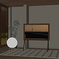 Dark Wall Living Room With Wooden Floor Patterned Rug TV And Floor Lamp