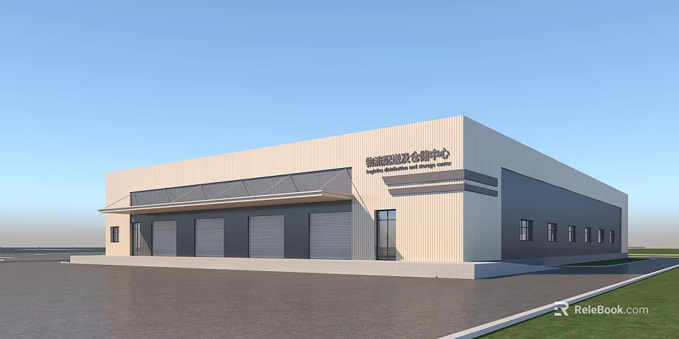Modern Industrial Warehouse With Metal Cladding Loading Doors And Large Windows 3d model 