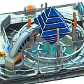 Cartoon Sci-Fi Scene Featuring Circular Structure Blue Pyramid Ring Track Hexagonal Floor and Orange Elements 3d model