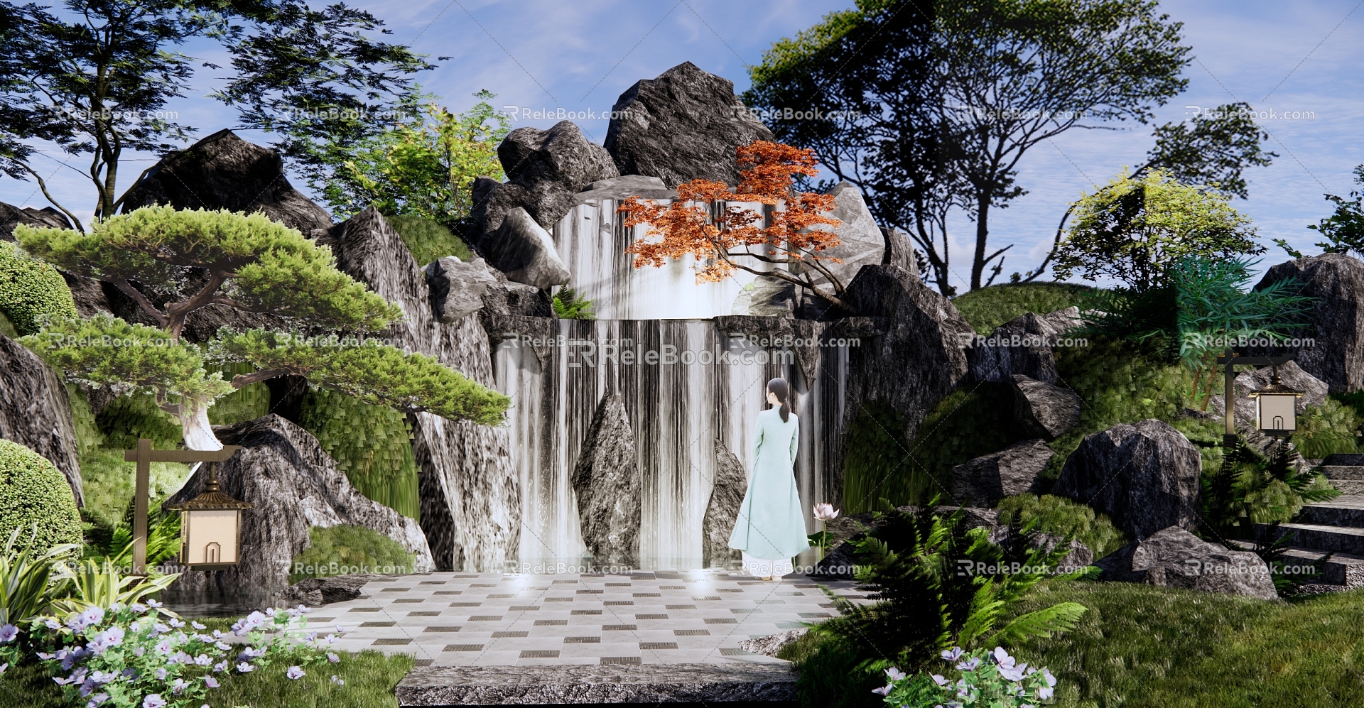 New Chinese Style Garden Landscape Fake Mountain Waterscape Falling Water Waterscape Water Curtain High Water Falling Waterfall Landscape Fake Mountain Landscape Stone Garden 3d model