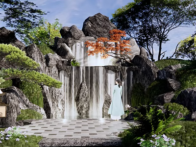 Rockery Stones with Waterfall Pine Trees Red Maple Leaves and Stone Paved Path 3d model