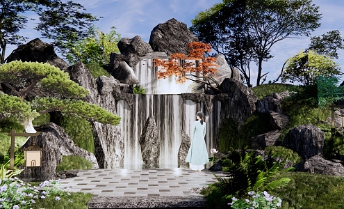 New Chinese Style Garden Landscape Fake Mountain Waterscape Falling Waterscape Water Curtain High Water Falling Waterfall Landscape Fake Mountain Landscape Stone Garden 3d model