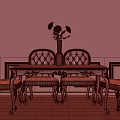 Elegant Classic Dining Table Set With Upholstered Chairs Carved Legs And Red Flower Vase