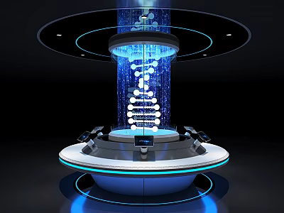 Futuristic Exhibition Hall Featuring DNA Double Helix Structure With Circular Control Console And Blue Lighting 3d model