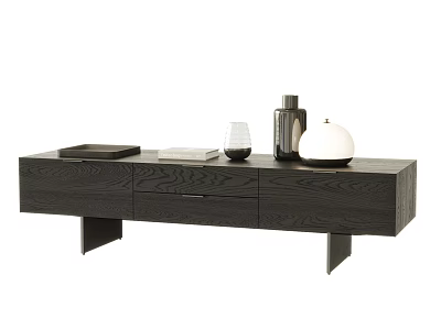 Modern Dark Wooden TV Stand With Drawers Cabinet Doors And Decorative Vase Books 3d model