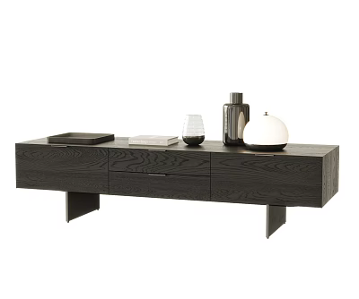 Modern Dark Wooden TV Stand With Drawers Cabinet Doors And Decorative Vase Books 3d model
