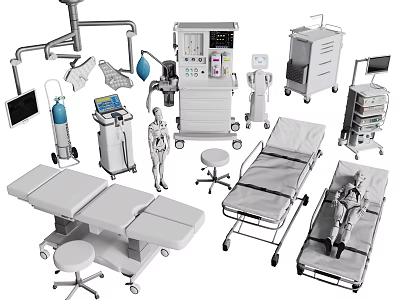 Essential Medical Devices Including Surgical Tables Lights Monitors Stretchers Carts and Training Mannequins 3d model
