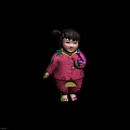 Little girl in pink traditional floral outfit with bun hairstyle and barefoot against gray background