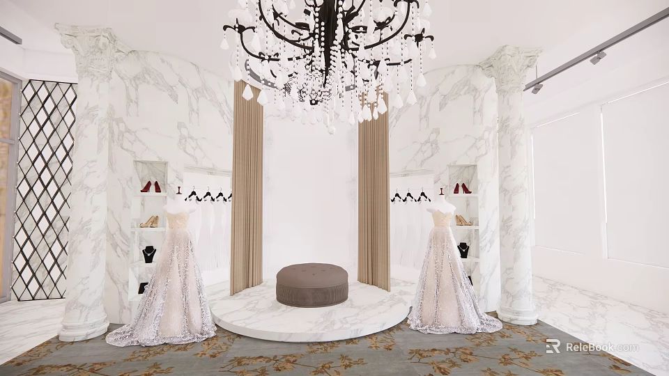 Luxurious Wedding Dress Store Interior Featuring Marble Walls Crystal Chandelier Mannequins Gowns And Round Stool 3d model 