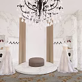 Luxurious Wedding Dress Store Interior Featuring Marble Walls Crystal Chandelier Mannequins Gowns And Round Stool
