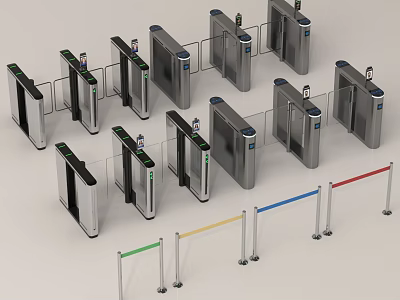 Silver Turnstiles Arranged With Colorful Red Yellow Green Blue Barriers As Public Access Control Facilities 3d model
