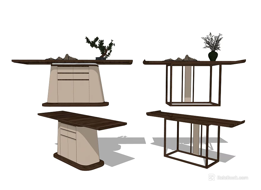 Various Console Table Designs with Wooden Tops Metal Frames and Decorative Plants 3d model 