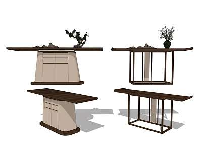 Various Console Table Designs with Wooden Tops Metal Frames and Decorative Plants 3d model