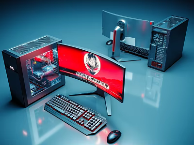 Gaming Computer Setup With Curved Monitor Transparent Case Mechanical Keyboard And Mouse 3d model