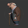 Cartoon Game Movie Character with Big Nose Glasses Wearing Brown Coat Plaid Vest Holding Cane