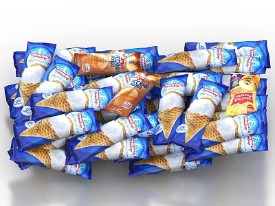 Assorted Flavor Ice Cream Cones Individually Wrapped in Blue Packaging Stacked Pile 3d model