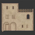 Beige Brick Two Story Building Model With Arched Door Windows And Second Floor Balcony Railing