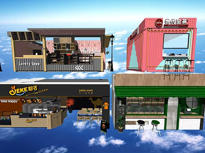 Different Style Milk Tea Shop Exterior Designs With Signboards Seating And Window Elements 3d model