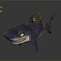 Cartoon Character Riding Blue Shark With Red Stripes And White Eyes