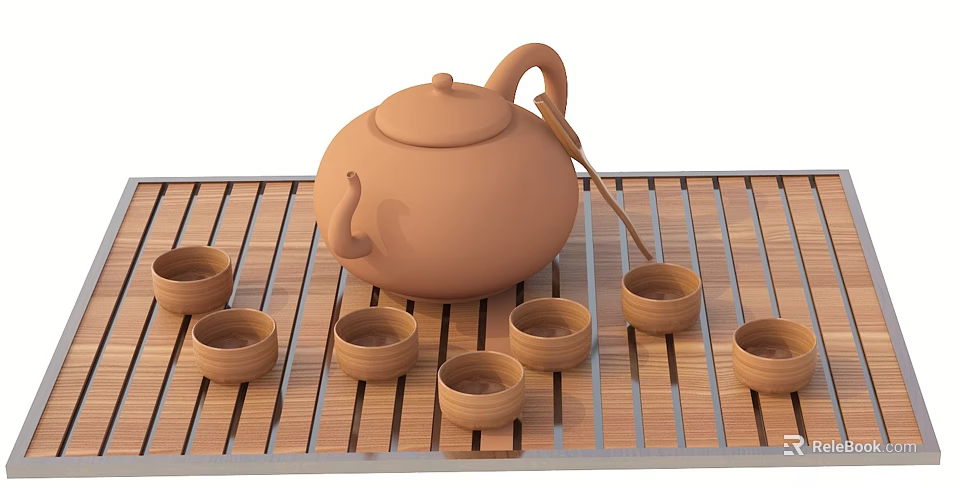 Ceramic Tea Set with Teapot Teacups and Tea Spoon on Bamboo Mat 3d model