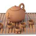 Ceramic Tea Set with Teapot Teacups and Tea Spoon on Bamboo Mat 3d model