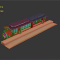 Red Model Train With Two Carriages And Dark Roof On Orange Platform