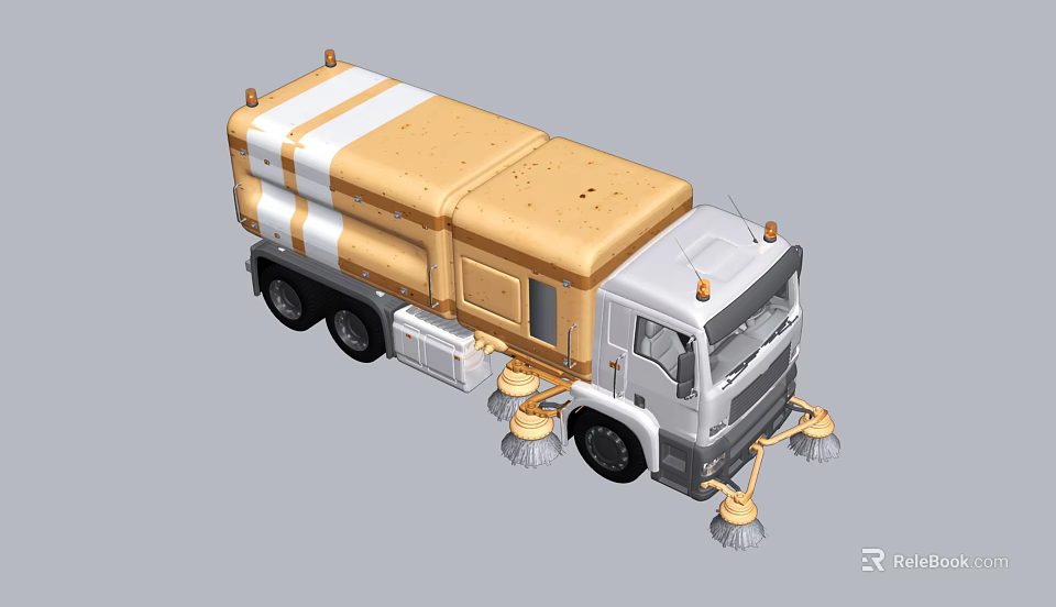 Yellow White Street Sweeper Utility Vehicle With Road Cleaning Brushes And Efficient Function 3d model
