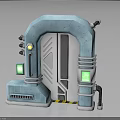 Futuristic Light Blue Door Furniture With Mechanical Design Green Screens And Warning Stripes