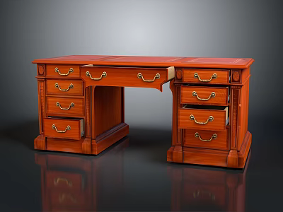 Classic Wooden Desk With Multiple Drawers And Metal Handles Design 3d model