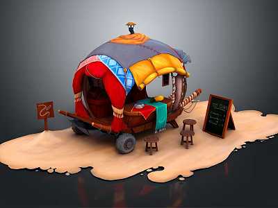 Functional Mobile Cart With Colorful Canopy Wooden Design Stools And Chalkboard Menu 3d model