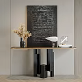 Modern Console Table With Wooden Top Black Geometric Legs Decorative Painting And Dried Flower Vase
