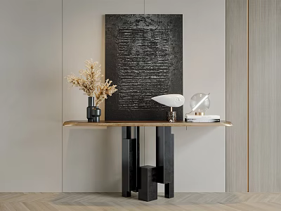 Modern Console Table With Wooden Top Black Geometric Legs Decorative Painting And Dried Flower Vase 3d model