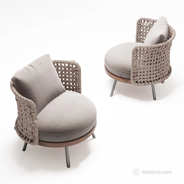 Modern Single Sofa With Woven Design Light Gray Cushion Wooden Frame And Metal Legs 3d model 