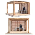 Wooden Garden Pavilion With Open Design Louvered Walls Outdoor Kitchen Counter And Seating Area