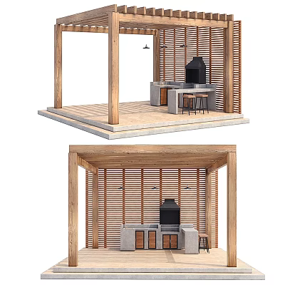 Wooden Garden Pavilion With Open Design Louvered Walls Outdoor Kitchen Counter And Seating Area 3d model