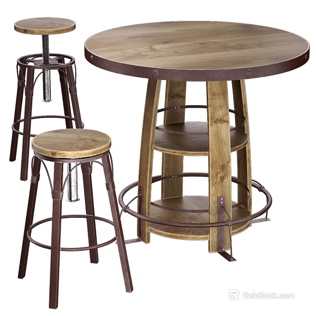 Round Wooden Table with Metal Frame and High Bar Stools in Industrial Style 3d model 