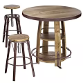 Round Wooden Table with Metal Frame and High Bar Stools in Industrial Style