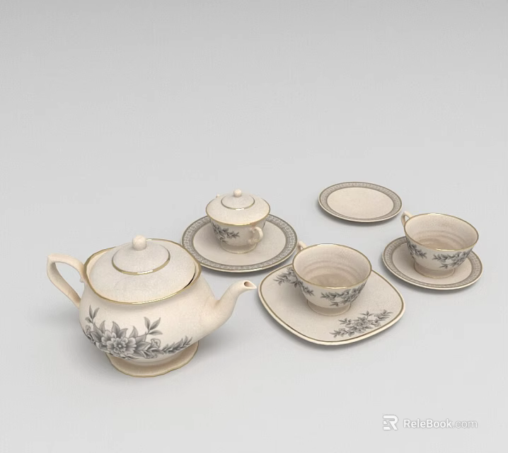 Elegant Porcelain Tea Set With Teapot Cups Saucers And Floral Gold Trim Design 3d model 