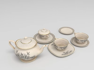Elegant Porcelain Tea Set With Teapot Cups Saucers And Floral Gold Trim Design 3d model