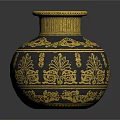 Elegant Dark Blue Vase With Intricate Gold Patterns And Gold Rim